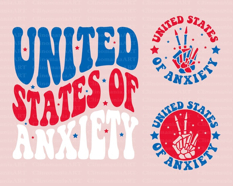 Peut inclure: Un design graphique rouge, blanc et bleu avec le texte "United States of Anxiety" dans une police de caract&egrave;res r&eacute;tro. Le design pr&eacute;sente un signe de paix avec une main squelette &agrave; l'int&eacute;rieur.