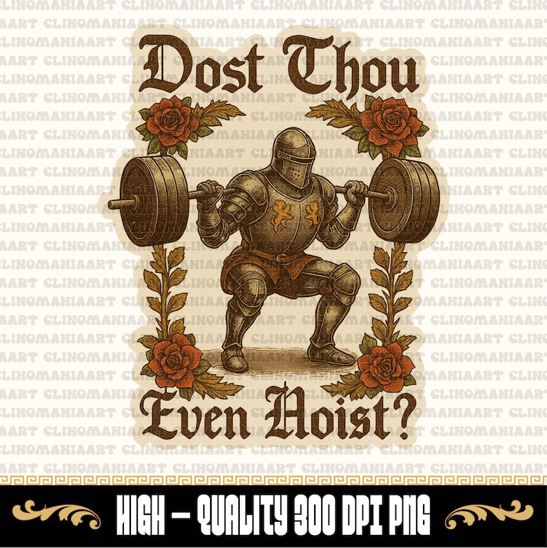 May include: A digital graphic featuring a knight in armor performing a barbell squat. The image includes the text "Dost Thou Even Hoist?" and is framed with roses and vines. The bottom banner reads "HIGH - QUALITY 300 DPI PNG".
