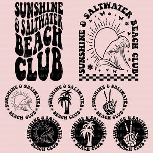 May include: A collection of black and white beach-themed designs on a pink background. The designs include text that reads "Sunshine & Saltwater Beach Club", along with illustrations of a sun, waves, palm trees, and a peace sign.