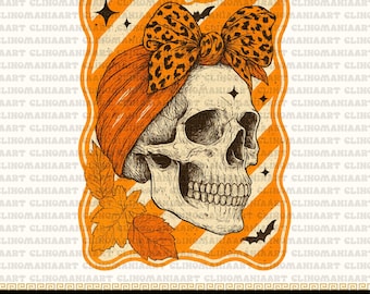 Calavera de Halloween vintage PNG: Lazo de leopardo y flores otoñales (Descarga digital)