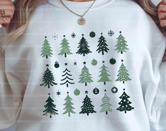 May include: White sweatshirt featuring a repeating pattern of green Christmas trees in various styles. The design includes stars, ornaments, and snowflakes. The words "Digital Download" and "PNG 1" are at the bottom.