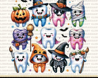 Könnte beinhalten: Eine Sammlung skurriler Halloween-Zahnillustrationen. Jeder Zahn ist mit einem einzigartigen Kostüm dargestellt, darunter ein Kürbis, eine Hexe, eine Mumie und ein Skelett. Das Bild enthält den Text "HIGH - QUALITY 300 DPI PNG".