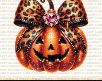 May include: A glittery orange pumpkin with a carved face and a large bow. The bow has a leopard print pattern and is adorned with a pink jewel. The image has the text "HIGH - QUALITY 300 DPI PNG" at the bottom.