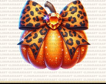 May include: A digital illustration of an orange pumpkin with a leopard print bow and a jeweled center. The pumpkin has a stem and is decorated with sparkling accents. The text "HIGH - QUALITY 300 DPI PNG" is at the bottom.