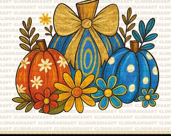 Könnte beinhalten: Digitale Illustration von drei Kürbissen in Orange- und Blautönen, verziert mit Blumen und Blättern. Der mittlere Kürbis hat eine große goldene Schleife. Das Bild enthält den Text "HIGH - QUALITY 300 DPI PNG".
