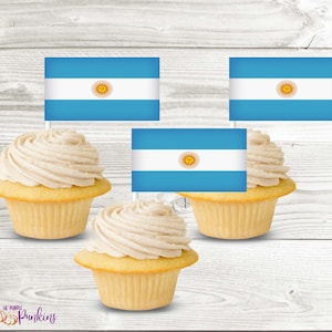 May include: Three cupcakes with white frosting topped with small Argentine flag picks. The flags are blue and white with a yellow sun in the center.