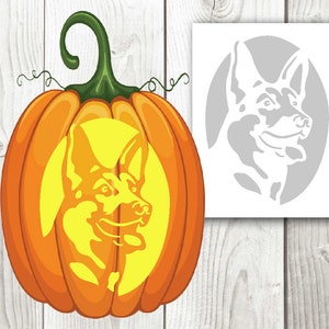 May include: A carved pumpkin with a German Shepherd dog stencil. The pumpkin is orange and the stencil is yellow.