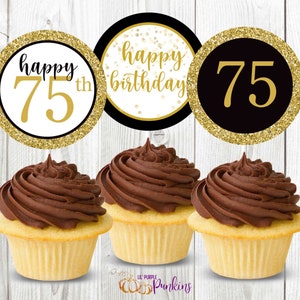 Happy 75th Birthday Cupcake Toppers, Gold Milestone Birthday, Instant Download, Digital PDF File