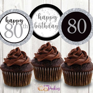 Happy 80th Birthday Cupcake Toppers, Silver Milestone Birthday, Instant Download, Digital PDF File