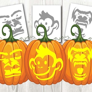 May include: Three orange pumpkins with carved faces. The pumpkins are decorated with yellow stencils of a monkey, a gorilla, and a monster.