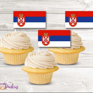 May include: Three cupcakes with white frosting and a red, blue, and white Serbian flag toothpick in each cupcake.