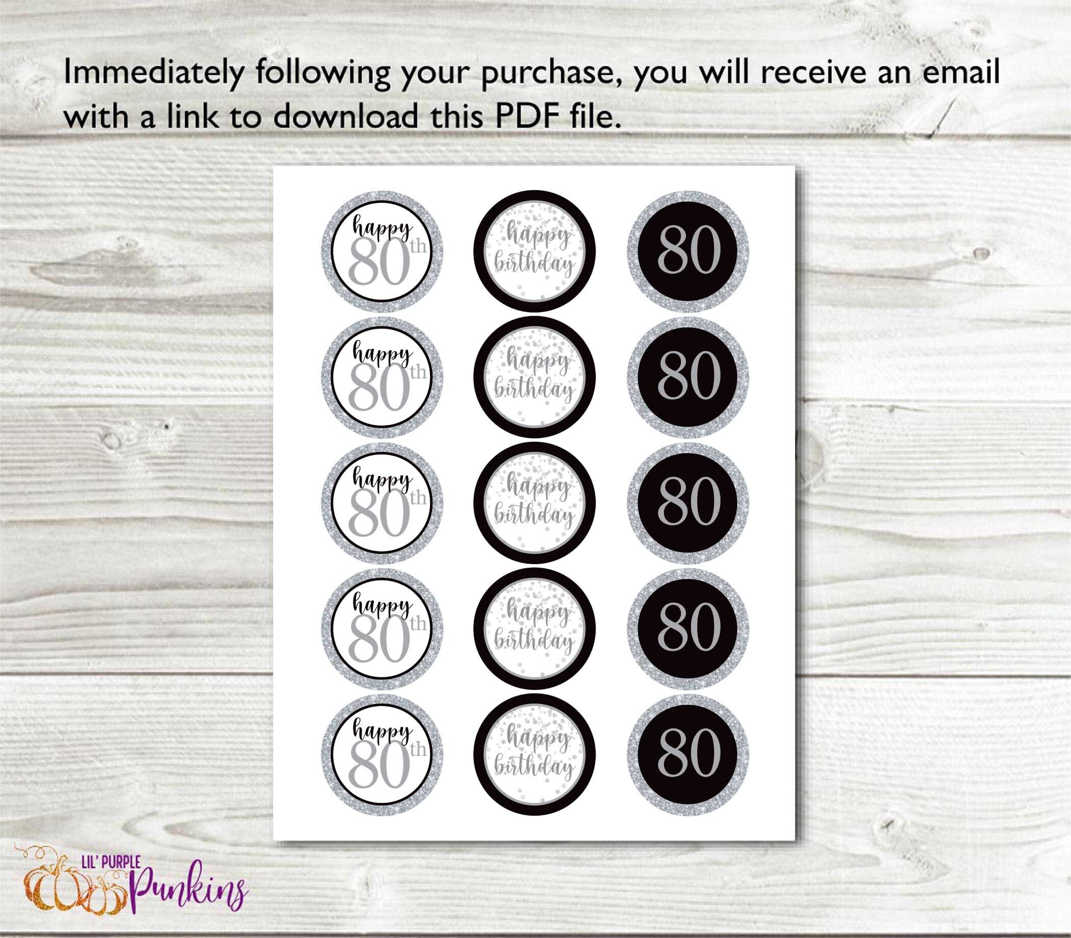 Happy 80th Birthday Cupcake Toppers, Silver Milestone Birthday, Instant ...