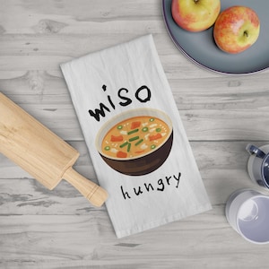 Miso Hungry Funny Tea Towel, Cute Cartoon Miso Soup Kitchen Towel, Food Pun Gift, Kawaii Japanese Food Decor for Foodies and Snack Lovers