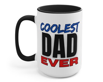 Taza "El papá más genial del mundo" / Regalo divertido para papá / Taza de café para el Día del Padre / Regalo para papá de parte de sus hijos / Taza de 443 ml con detalles en negro