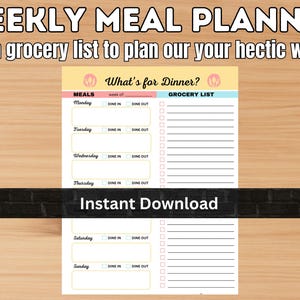 Weekly Meal Planner Sheets – Instant Download Meal Planning Template, Grocery List Organizer, Meal Prep Planner for Busy Families