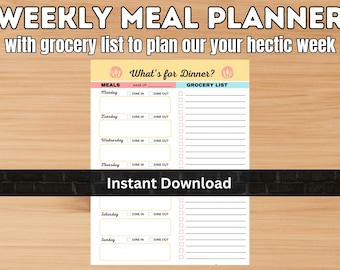 Planificador de comidas semanal: plantilla de descarga instantánea, organizador de listas de la compra y planificador de comidas para familias ocupadas.