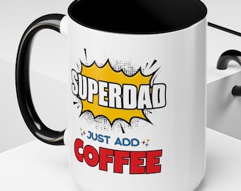 Taza de café para el Día del Padre / Regalo divertido para el Día del Padre con estilo de cómic / Taza con detalles en negro para héroes cafeinados
