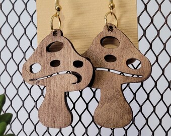 Wooden Mushroom Dangle Earrings