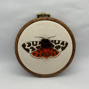 Garden Tiger Moth Embroidery Hoop Art: Hand Stitched Linen Wall Decor