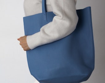 Genuine Pebbled Leather Blue Tote Bag, Shopper Tote Bag, Classic Everyday Bag, Gift for her, Shoulder Bag