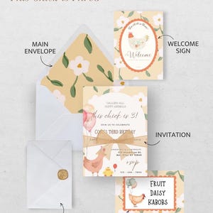 Editable Chick Birthday Invitation & Party Signs | Farm Theme Pastel Birthday Canva Template (Instant Download)