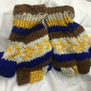 Yellow blue brown white winter gloves / mittens with flap closure - made in Nepal  100% wool exterior