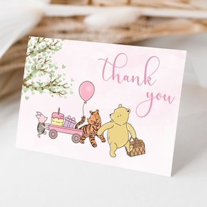 Modèle de carte de remerciement Winnie l'ourson pour fête d'anniversaire de fille, carte de remerciement ourson ourson, imprimés fête, modèle modifiable, porcelet
