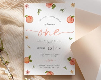 Peach First Birthday Invitation: One Sweet Peach Invite (Editable, Printable) Georgia