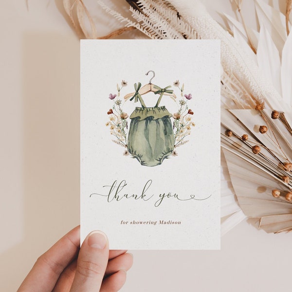 Boho Baby Clothes Shower Thank You Card Template, Baby Shower Thank you Card, Wildflower Baby Shower, Printable Thank You Card, Serenity