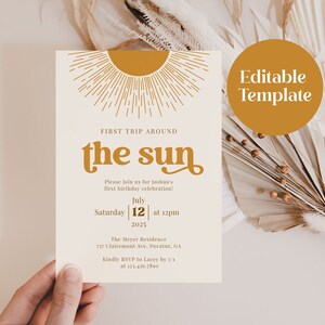 First Trip Around The Sun Invitation Template for 1st Birthday Party, Boho Sun Invitation, Retro Sun Invite, Editable Printable, SUNNY