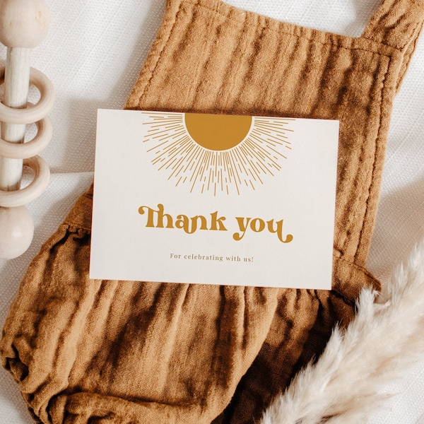 Boho Sun Thank You Card Template, Here comes the Son, Folded Thank You Card, Baby Shower Thank You Card Printable, SUNNY