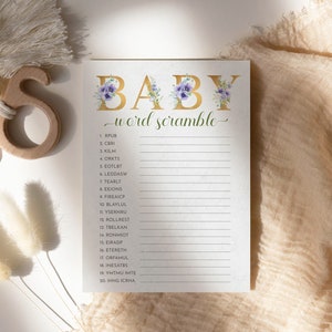 Baby Wort Buchstaben-Buchstabe, Gold Floral, Babyparty Spielkarte, Baby Sprinkle Spiel, Violett