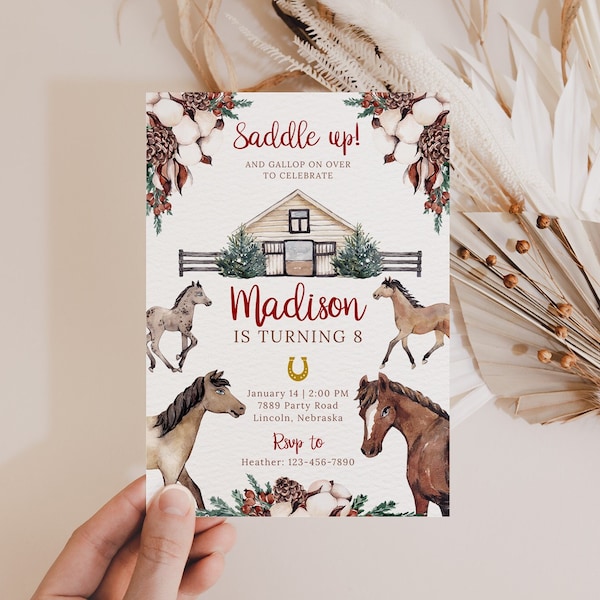 Winter Horse Birthday Invitation Template, Girl Horse Birthday Invite, Rustic Horse Birthday Invitation, Horse Birthday Evite