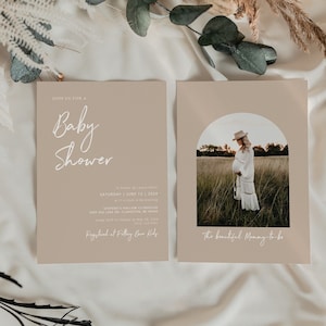 Minimalist Baby Shower Invitation Template, Sand Beige Invitation, Boho Baby Shower Invite, Editable Template