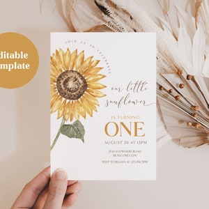 Editable Sunflower Birthday Invitation Template, Sunflower 1st Birthday Invite, Boho Sunflower First Birthday Evite, DARLA