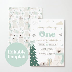 Plantilla de invitación para el primer cumpleaños de invierno, invitación de cumpleaños para niño en el país de las maravillas invernal, invitación de cumpleaños de oso, editable e imprimible