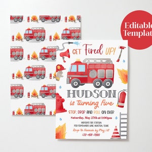 Firetruck Birthday Invitation Template for Boy Birthday Party, Firefighter Party Invite, Fireman Invite, Fire Department, Editable
