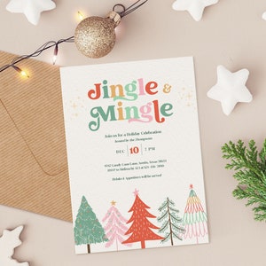 Jingle and Mingle Christmas Party Invitation Template, Modern Holiday Party Invite, Cocktail Party, Evite, Editable Printable