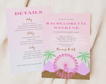 Plantilla de itinerario e invitación de despedida de soltera del festival, 5x7 de doble cara, despedida de soltera de carnaval, descarga editable, Palm Springs