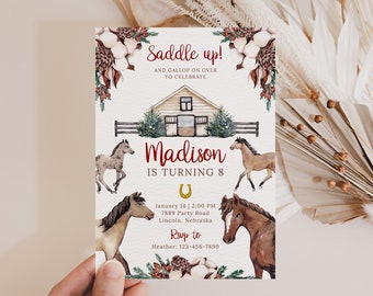 Winter Horse Birthday Invitation Template, Girl Horse Birthday Invite, Rustic Horse Birthday Invitation, Horse Birthday Evite