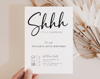 Surprise Party Invitation Template, Minimalist Birthday Invite, 40th Birthday Invitation, Mobile Birthday Evite, Editable