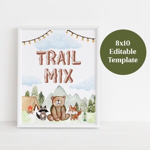 One Happy Camper Trail Mix Sign Template for 1st Birthday Party, Woodland Animals Printable Sign, Oliver