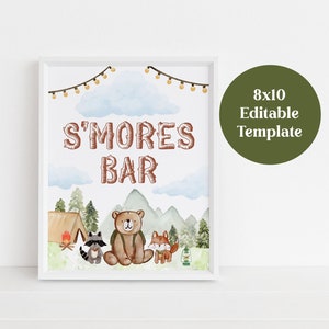 Happy Camper S&#39;mores Bar Sign Template, 1st Birthday Party Sign, Woodland Animals, Editable Sign Template, Oliver