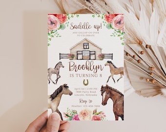 May include: A pink and green floral birthday invitation with a watercolour illustration of a barn and horses. The text reads "Saddle up! And gallop on over to celebrate Brooklyn is turning 8. April 1st | 2:00 PM 7889 Party Road Lincoln, Nebraska RSVP to Heather: 123-456-7890"