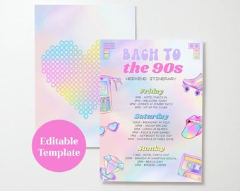Bach to the 90's Weekend Itinerary Template, 90's Bachelorette Weekend Itinerary, Y2K Bachelorette, Hens Party, Printable Itinerary
