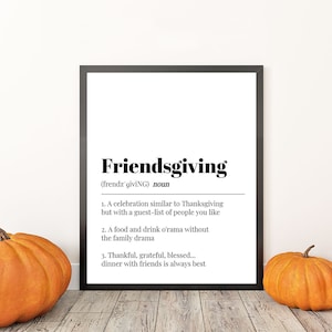 Plakat z definicją Friendsgiving do wydrukowania, szablon znaku na kolację Friendsgiving, dekoracja imprezy z okazji Święta Dziękczynienia, wydruk sztuki cyfrowej