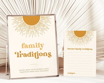 May include: A printable sign with a gold sunburst design and the text "family traditions". The sign also includes the text "Please share your favorite family traditions from your childhood". A smaller card with the text "favorite family traditions" is also shown.