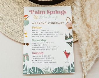 Palm Springs Bachelorette Itinerary Template with Weekend Schedule, Boho Tropical Bach Itinerary, Palm Springs Before The Rings, Editable