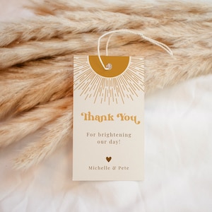 Bewerkbare sjabloon voor retro zon gunst tag, Sunshine afdrukbare gunst tag, boho zon gunst tag, baby shower gunst tassen, ZONNIG