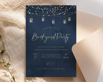 Backyard Party Invitation Evite Template, Dinner Party Invite, Blue and Gold String Lights Invitation, Instant Download